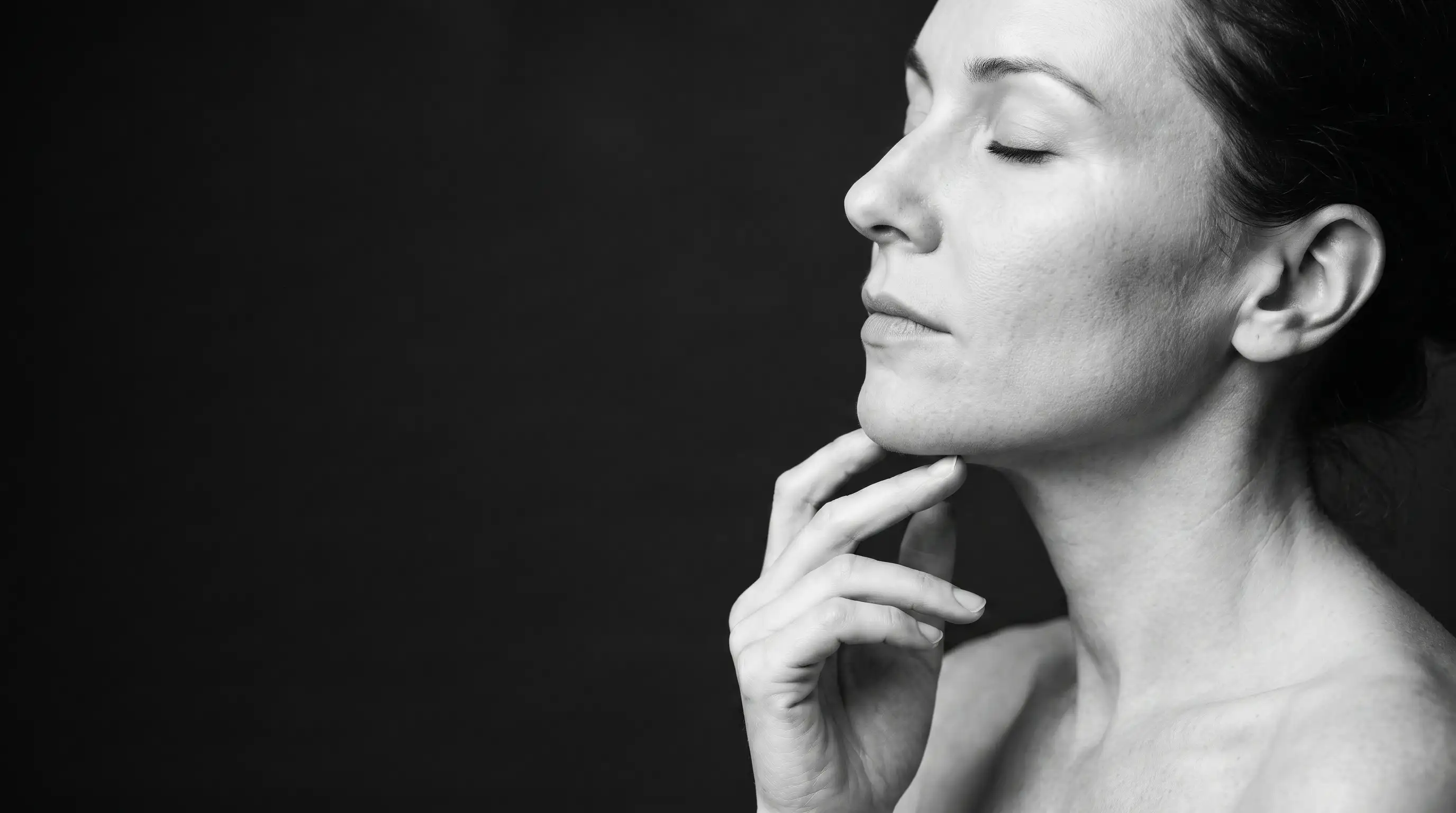Czarno-biały portret kobiety z zamkniętymi oczami, dłoń przy żuchwie — kampania Crystal Beauty Clinic